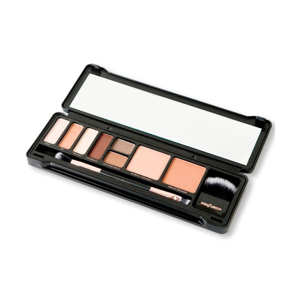 Open makeup palette with various eyeshadows, bronzer, highlight, and brushes.